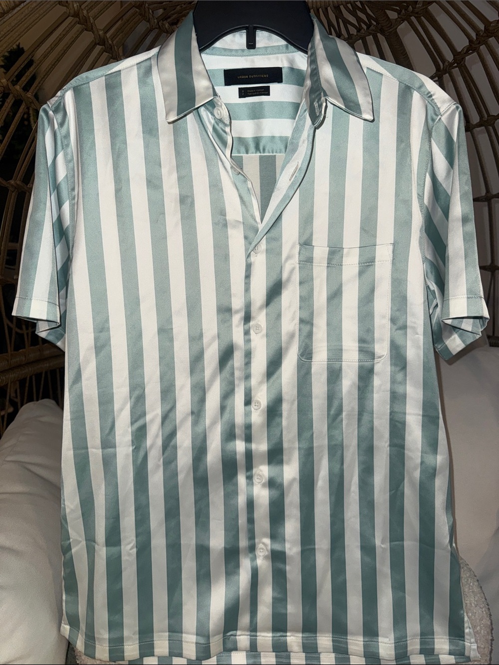 Urban Outfitters Mint Green and White Vertical Stripe Short-Sleeve Shirt